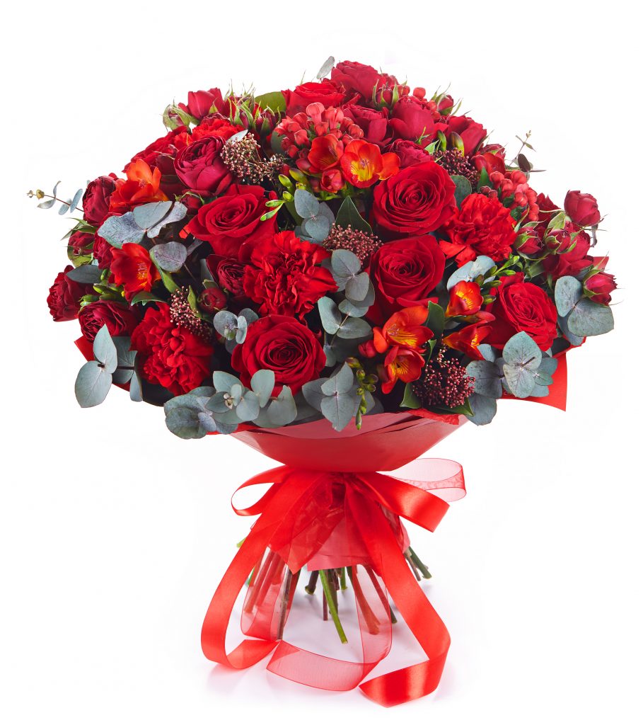 Description
Beautiful arrangement made with Red Roses, Alstromeria, Red carnation, Bouvardia, Freesia, Skimmia and with fresh foliage can be a fabulously romantic gift. Beautifully arranged, wrapped, and delivered with care to your loved one. You will surely make a lovely person smile for many days to come.

Your Message:
Delivery date:

Please note for seasonal and other supply reasons we may, from time to time, substitute some of the blooms shown in the image (Including foliage and fillers). We will always try to be true to the color co-ordination, style and shape of the bouquet and will always guarantee to give you the full value paid. If you have any queries, please email, or call us and we would be delighted to confirm availability and or explain alternatives. See 'contact us' section.
All our compositions will be gift wrapped and may include white secondary flowers and greenery. Please include in message section any preference of color or flower. We will do our best to fulfil your requests.

